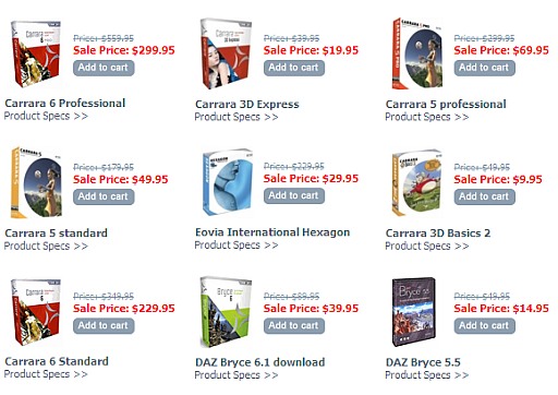 Low cost pricing on Carrara, Hexagon,
                          Bryce and other Daz products