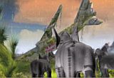 3D Elephants in 3D Layers looking at crashed Airplane wreck