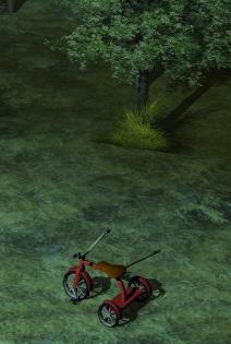red tricycle and trees and tufts